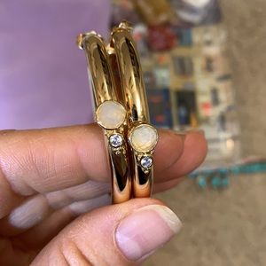 Stunning gold hoops with moonstone and crystal.